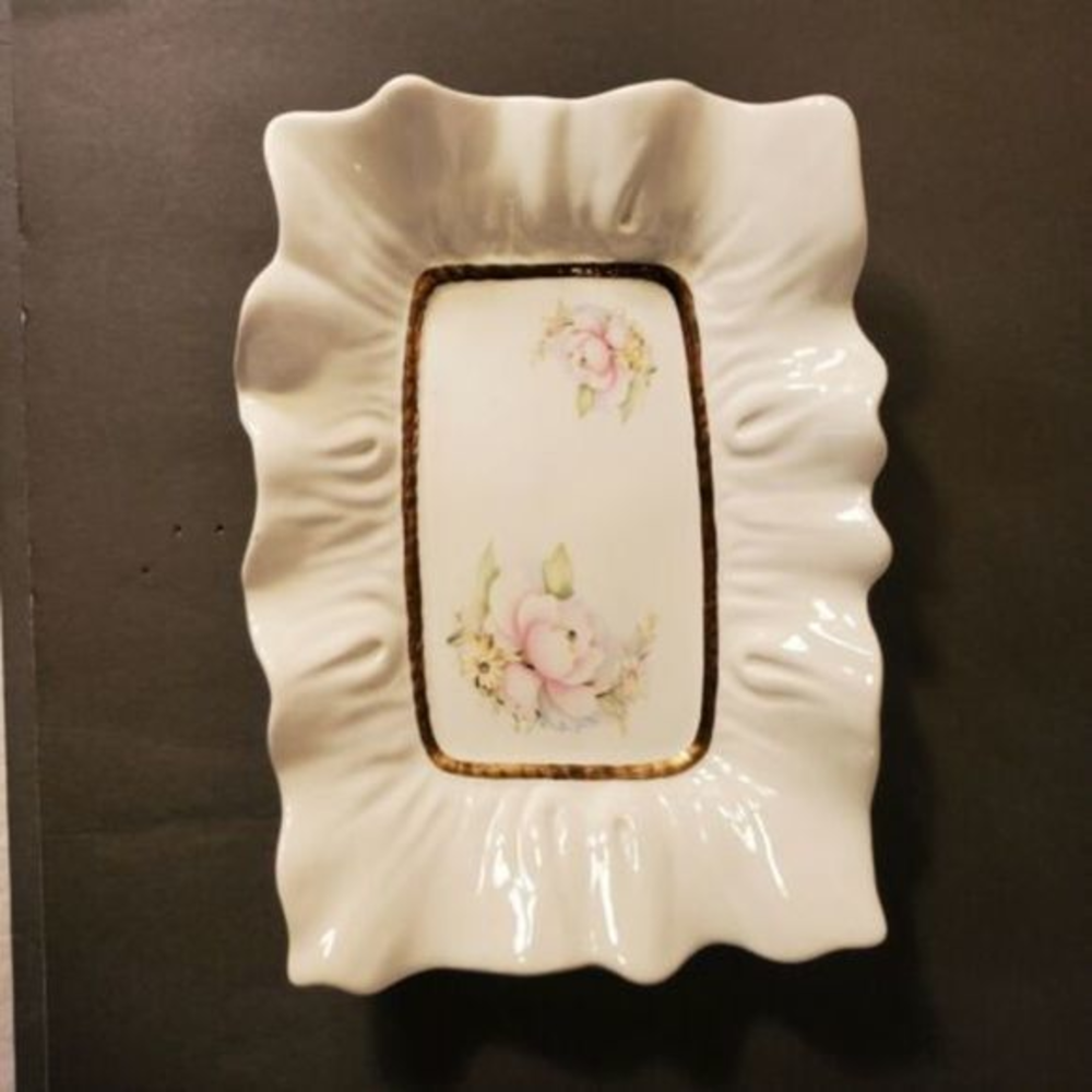 Vintage T Limoges Peint A La Main Ruffled Dish Floral Gem Gold‎ Detail